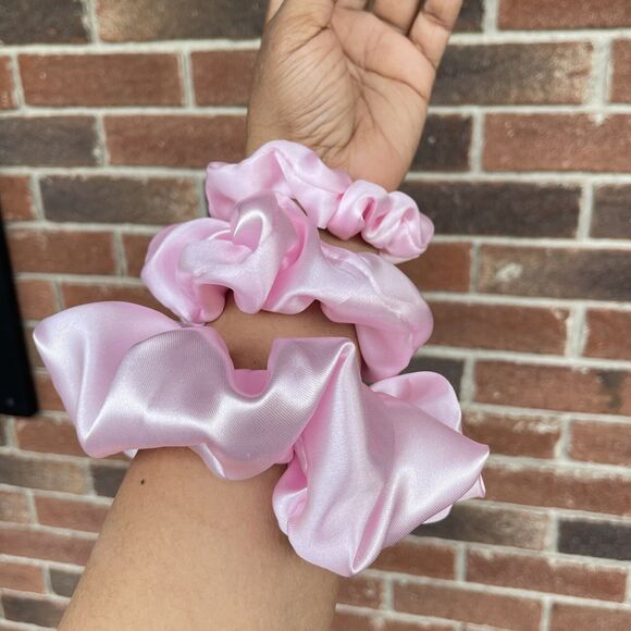 3 New Pink Satin Scrunchies Hair Tie XLarge, Large, Small Set - Picture 13 of 16